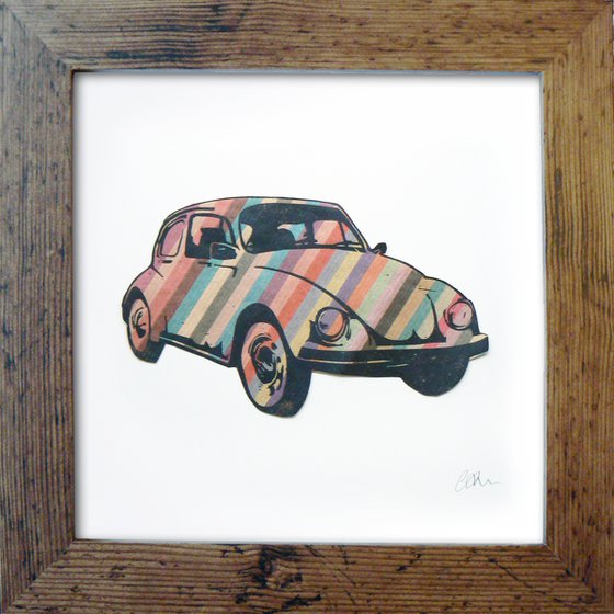 Framed stripy Beetle print (1960's - 1970's VW Beetle car - one of a kind - lino-print collage)