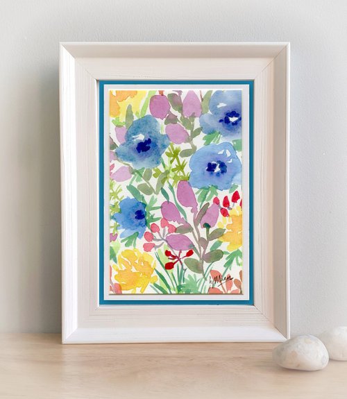 Simply Flowers 3 - mounted watercolour, small gift idea by Lisa Mann