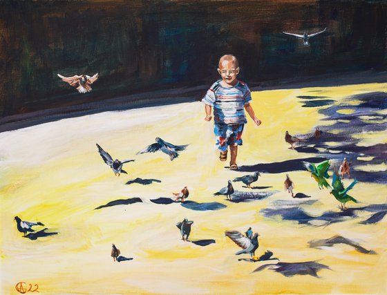Run like nobodie is watching. L'art de vivre series. City landscape street kid street scene. Medium size painting