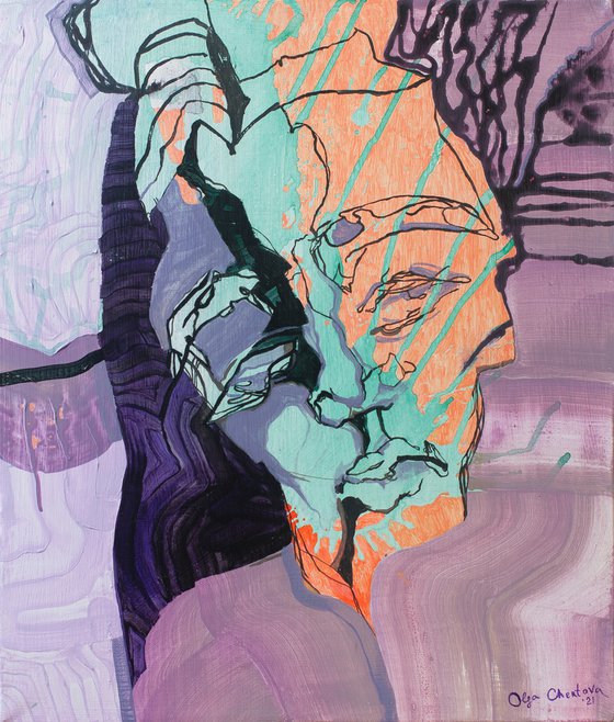 painting reading a poem figurative  face portrait in lilac