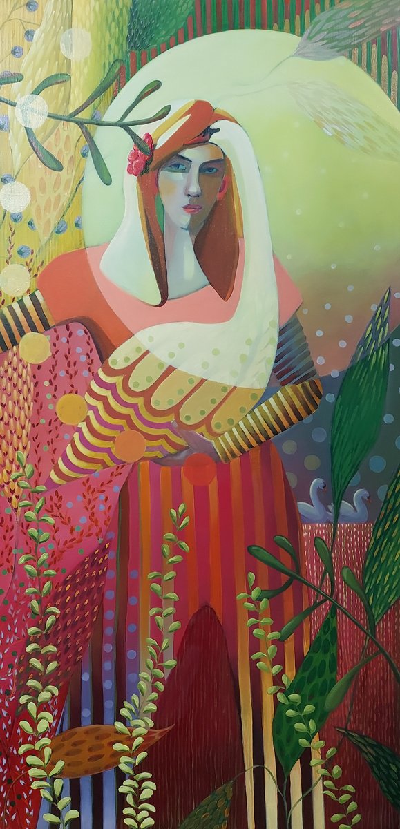 Surrealistic Portrait Oil Painting By Gitti Gv, 28 X 55, Swan Dance, Original Artwork