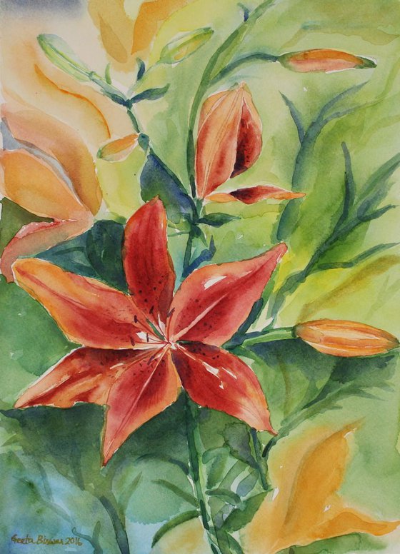 Tiger lily, watercolor, still life painting in impressionistic style