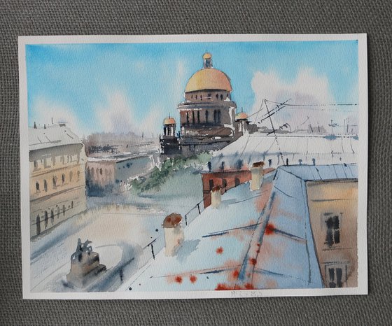 Roofs of houses in St. Petersburg. Original watercolor artwork.