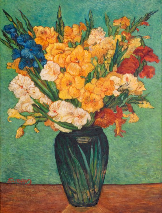 Gladioli in a Green Vase