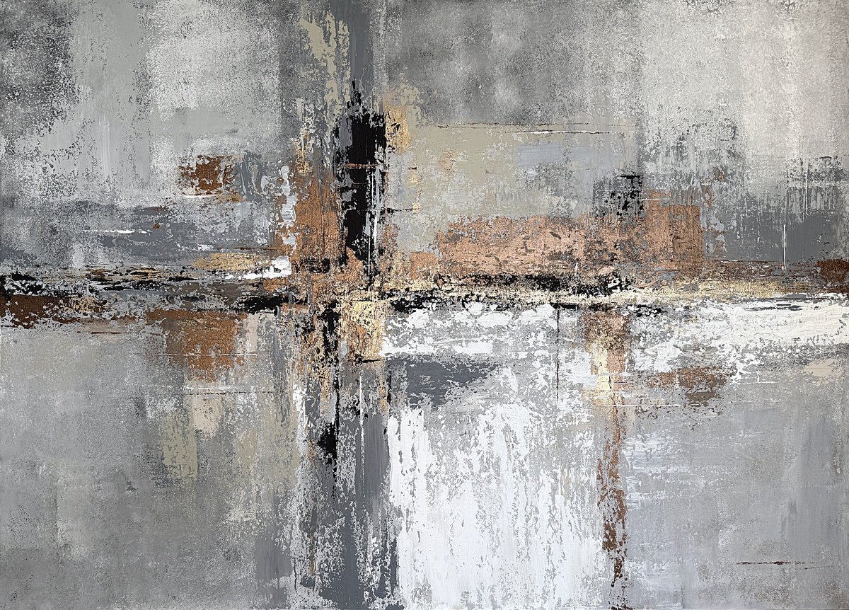 Urban And Pop Landscape Acrylic Painting By Tatiana Malinovscaia, 55 X 39", Where Grey Meets Gold, Original Artwork