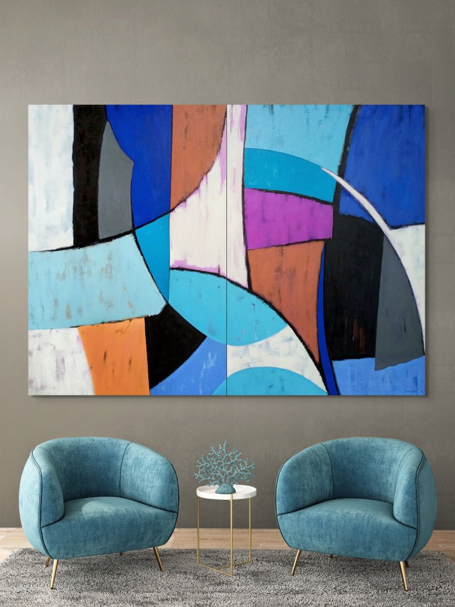 Abstract Oil Painting By Evgen Semenyuk, 75 X 55, Soft Spectrum Drift, Original Artwork