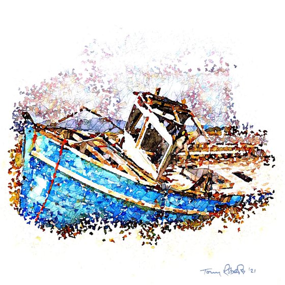 Miniature watercolour on silk - 'Blue Boat'