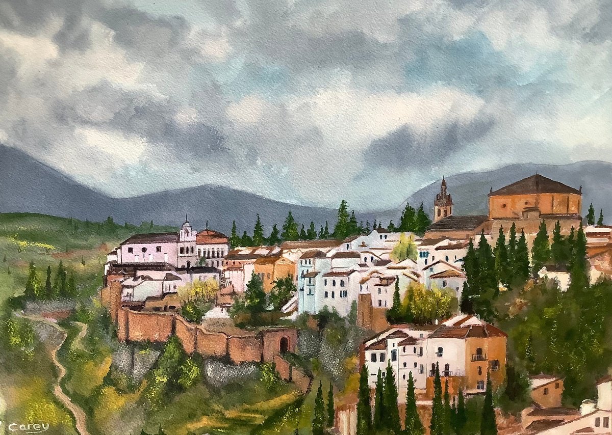 Photorealistic Landscape Watercolour By Darren Carey, 15 X 11, Spain Mirador De Aldehuela, Original Artwork