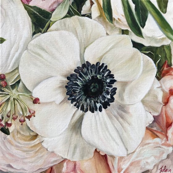Oil painting with flower "Anemone" 30 * 30 cm
