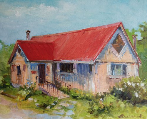 Red roof house, plein air, original, one of a kind, oil on wide edges canvas impressionistic style painting (10x12x2'') by Alexander Koltakov