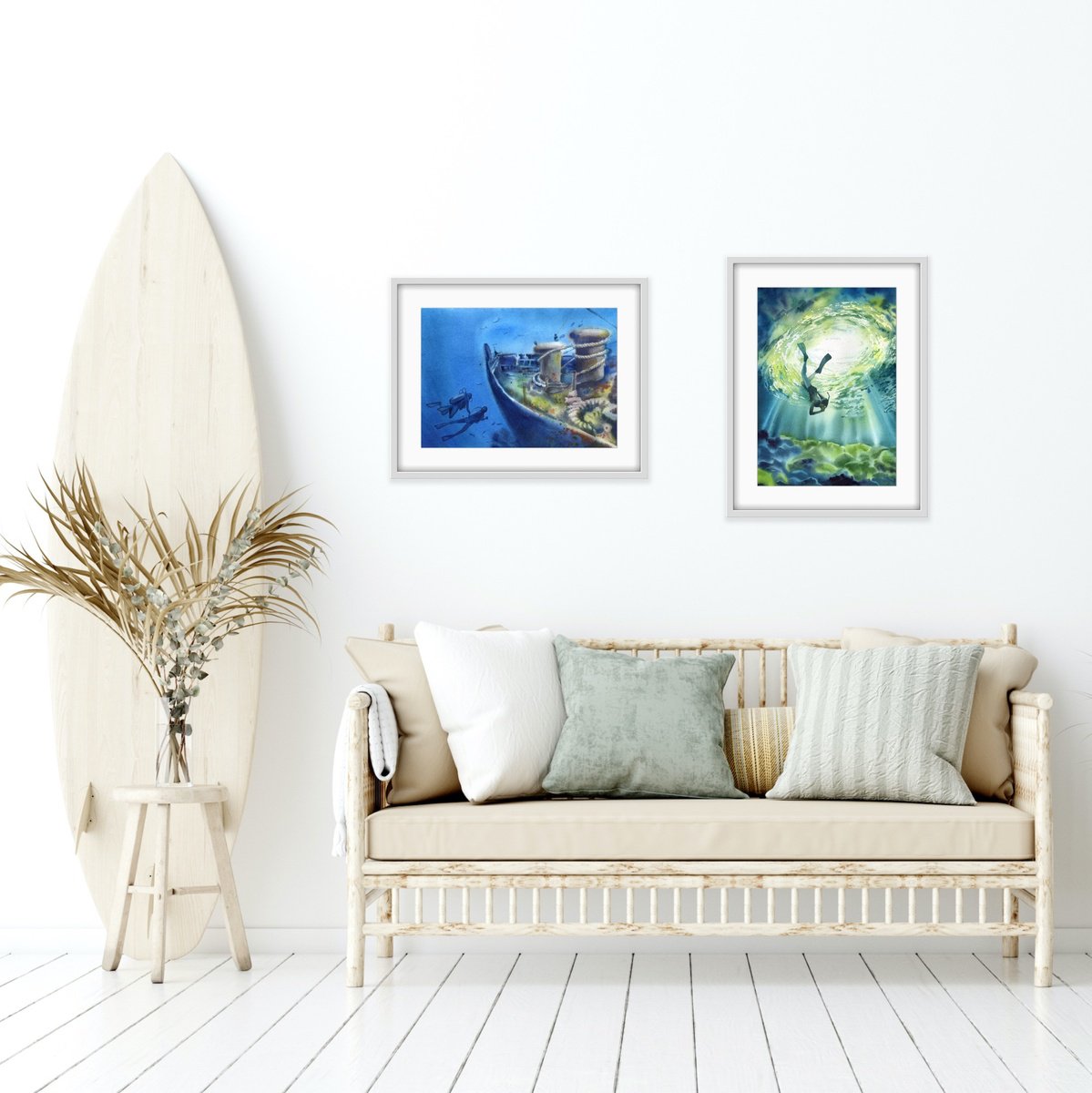 Set of two watercolor artworks.  Divers under water. by Evgeniya Mokeeva