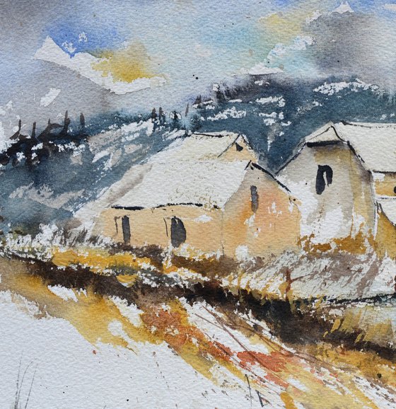 A few houses in winter  watercolour