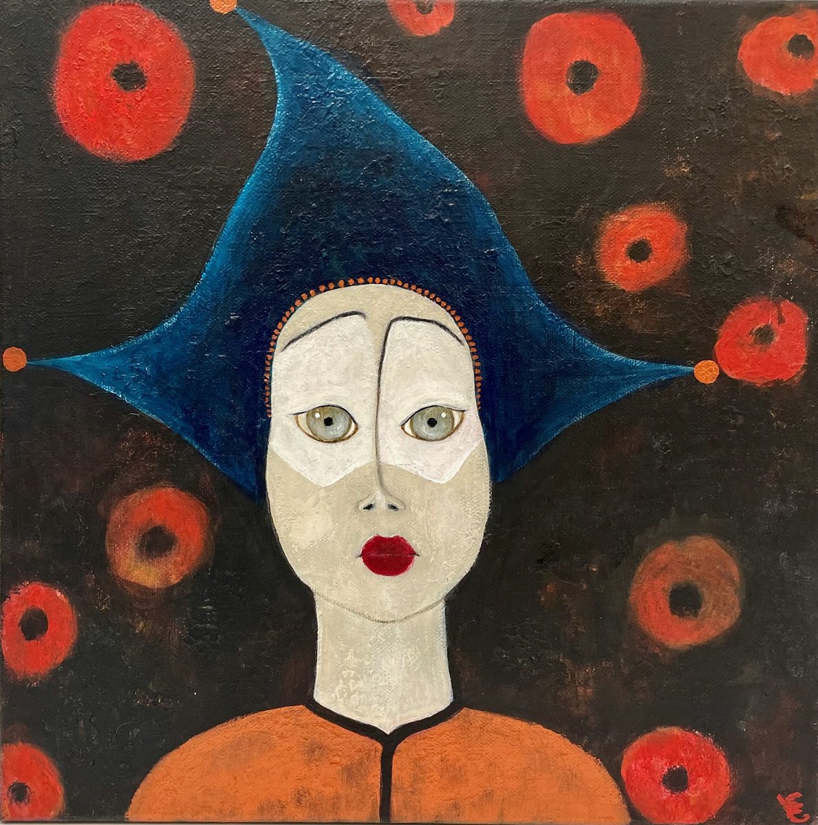 Expressive Portrait Acrylic Painting By Eleanor Gabriel, 12 X 12, Clown With A Tricorn Hat, Original Artwork