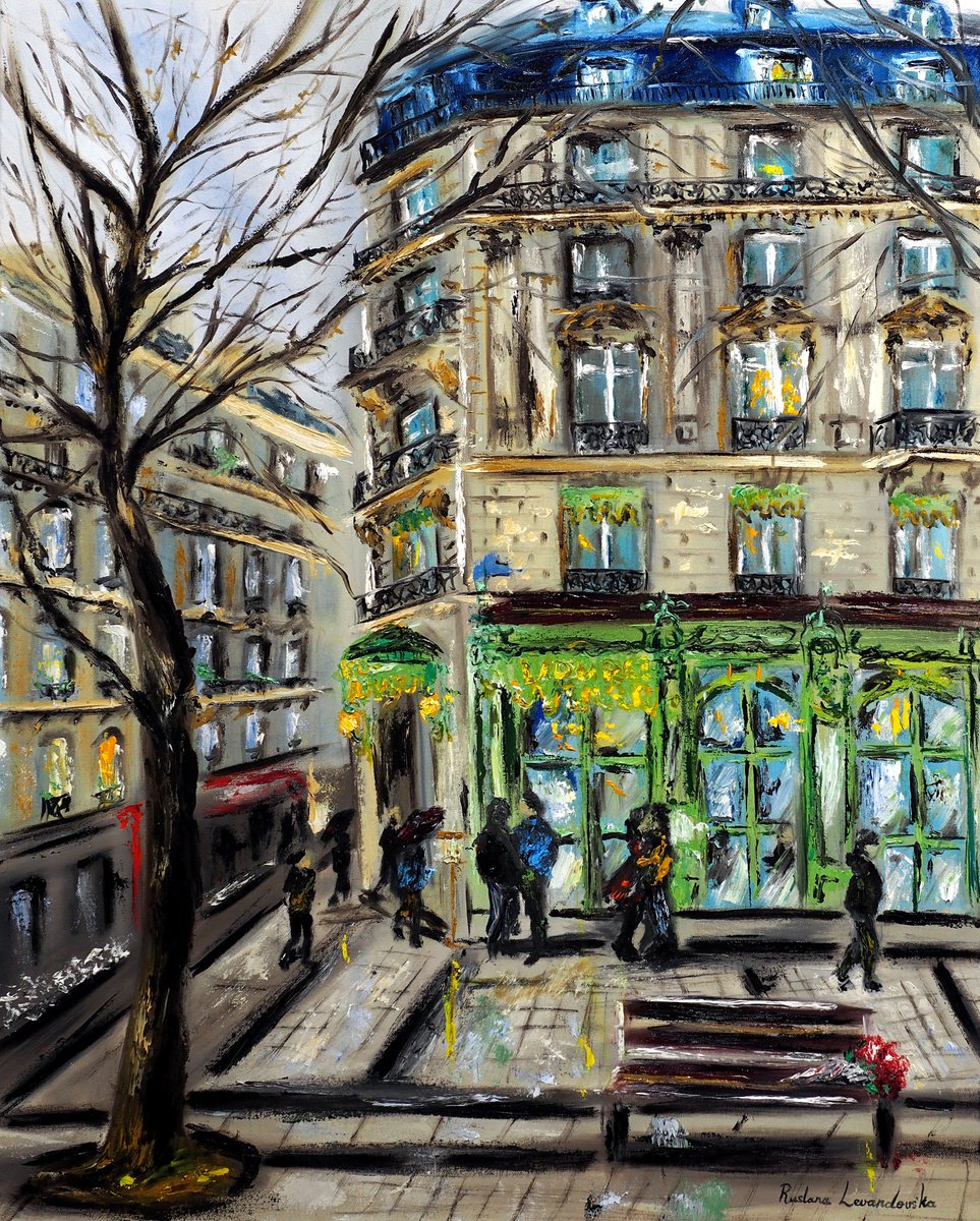 Impressionistic Cityscapes Oil Painting By Ruslana Levandovska, 24 X 30", Laduree At Champs Elysees, Paris, Original Artwork