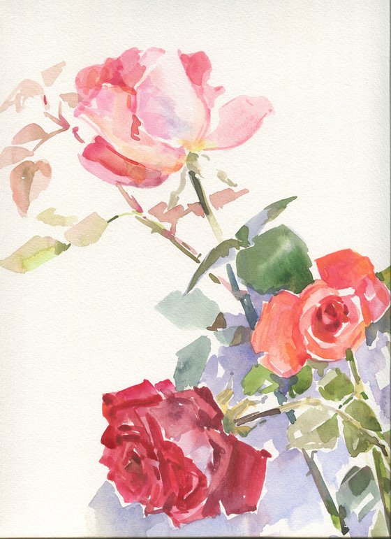 Bright roses. Sketch / ORIGINAL watercolor ~20x14in (50x35cm)