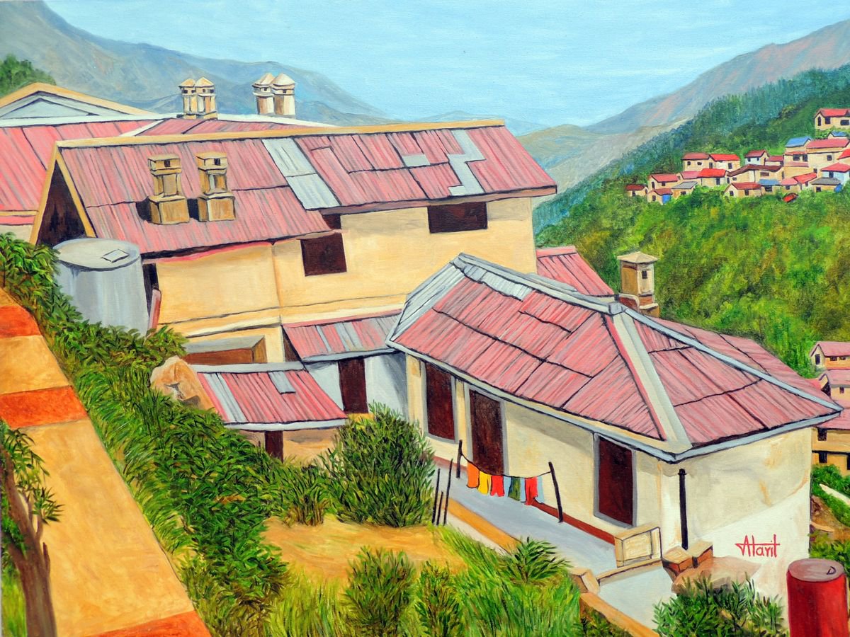 Expressive Landscape Oil Painting By Ajay Harit, 40 X 30, Dwellings In Nainital, Original Artwork