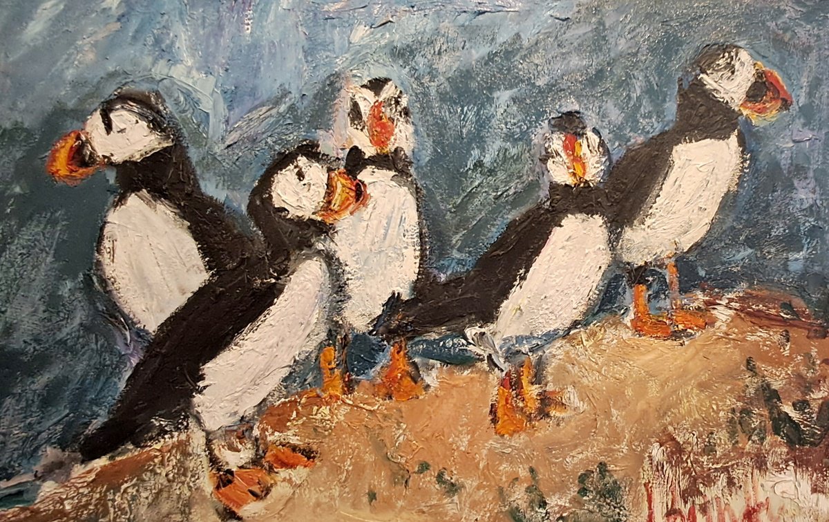 Impressionistic Animal Oil Painting By Deborah Donnelly, 36 X 24, Family Of Puffins, Original Artwork