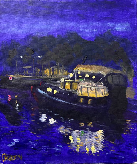 Nighttime Dutch canal boat