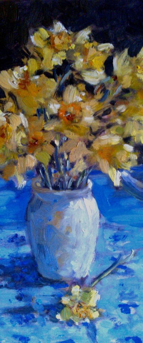 still life with flowers on blue background by Sebastian Beianu