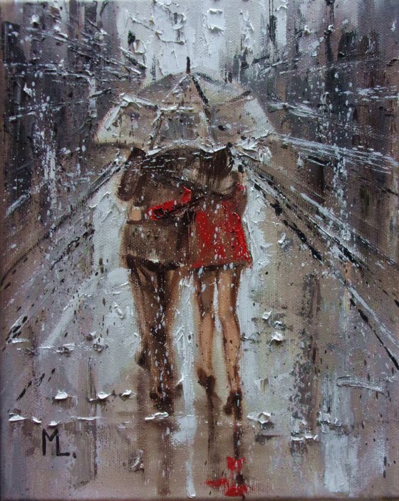 " RAINY WALK ..." original painting CITY palette knife COUPLE