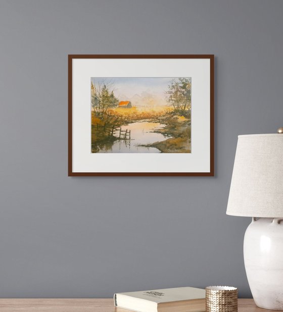 Barn and Stream Reflections, Early Morning