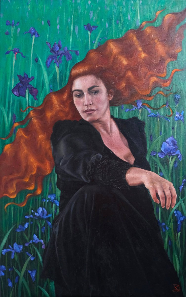 Organic Portrait Oil Painting By Kerry Lisa Davies, 30 X 48", Deep In Her Thoughts, Original Artwork