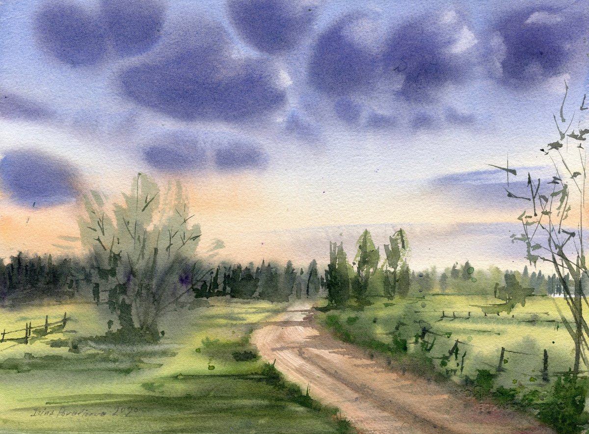 Forest sunset road original watercolor artwork, countryside landscape, clouds watercolor by Irina Povaliaeva