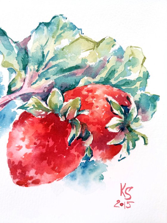 "Strawberry and rhubarb" from the series of watercolor illustrations "Berries"