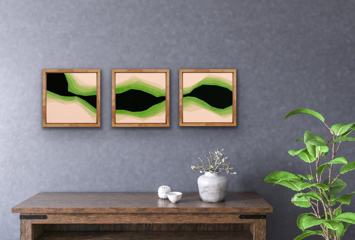 Organic Abstract Acrylic Painting By Catia Goffinet, 35 X 12, Green Energy - Triptych, Original Artwork