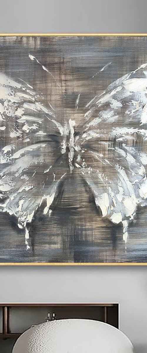 Silver mother-of-pearl butterfly. Abstract butterfly painting. by Marina Skromova