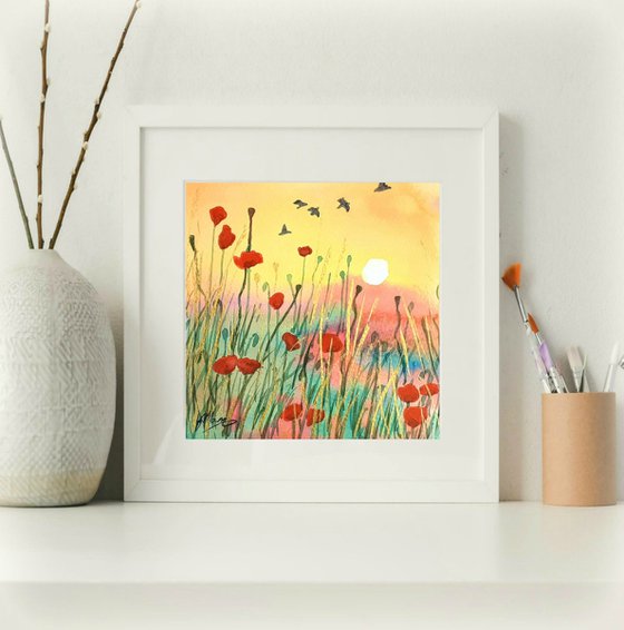 Poppies in the Sun - mounted watercolour, small gift idea