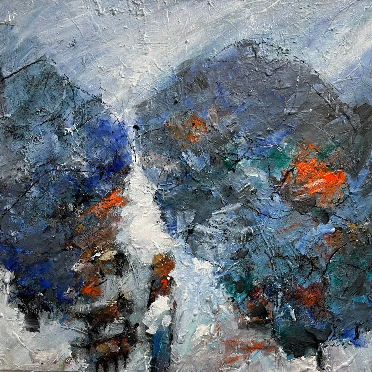 Expressive Landscape Painting By Irene Wilkes, 24 X 24, Winter: Walking The Dogs, Original Artwork