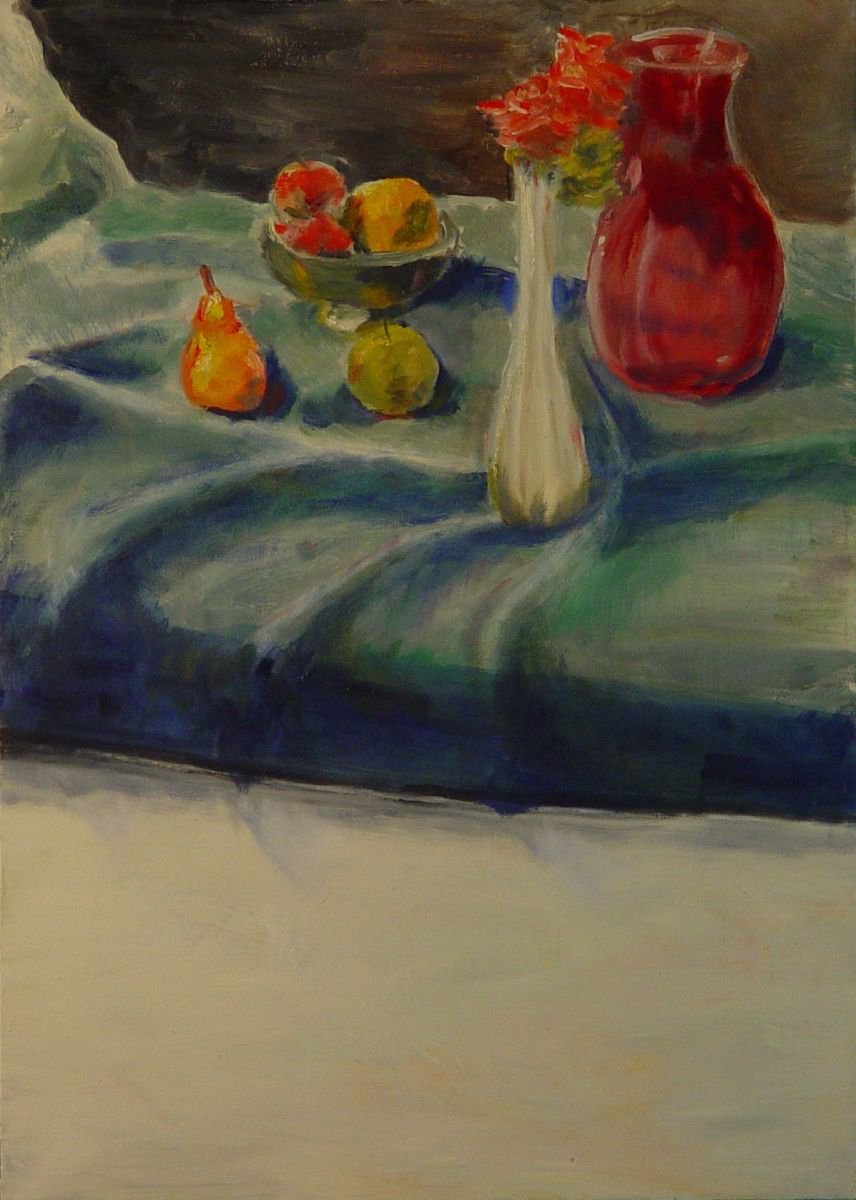 Fruit and Vases on Blue Cloth by Leon Sarantos