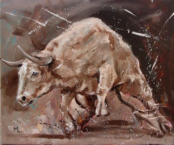 RESERVED FOR MICHAEL " WILD POWER ... " -  BULL original oil painting on canvas, gift,  PALETTE KNIFE