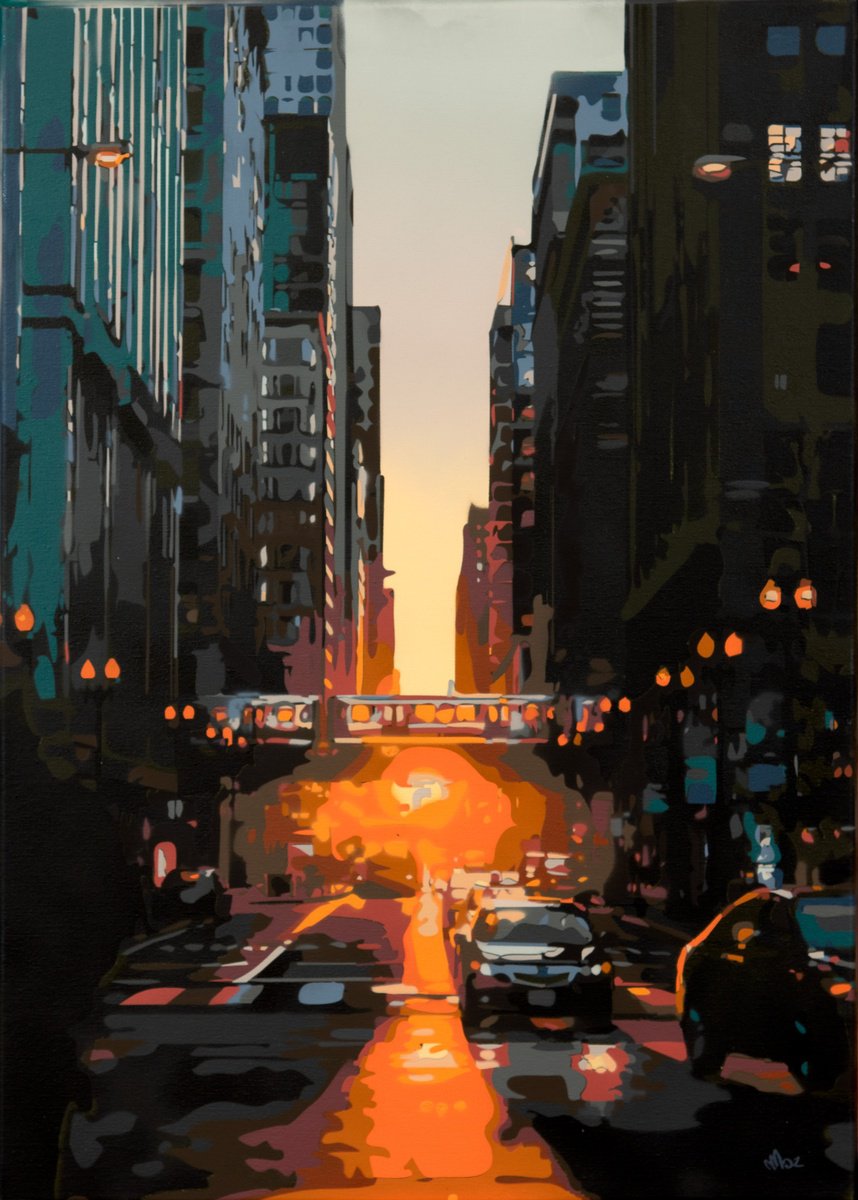 Urban And Pop Cityscapes Painting By Marco Barberio, 20 X 28", Chicagoheinge 3, Original Artwork