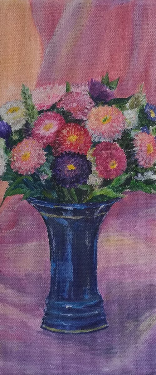 A small bouquet of asters in a blue vase by Anastasia Zabrodina