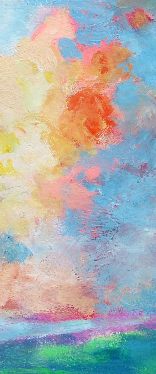 Spring Sky Study 8x8" Small Colorful Cloud Painting on Paper by Kerri McCabe
