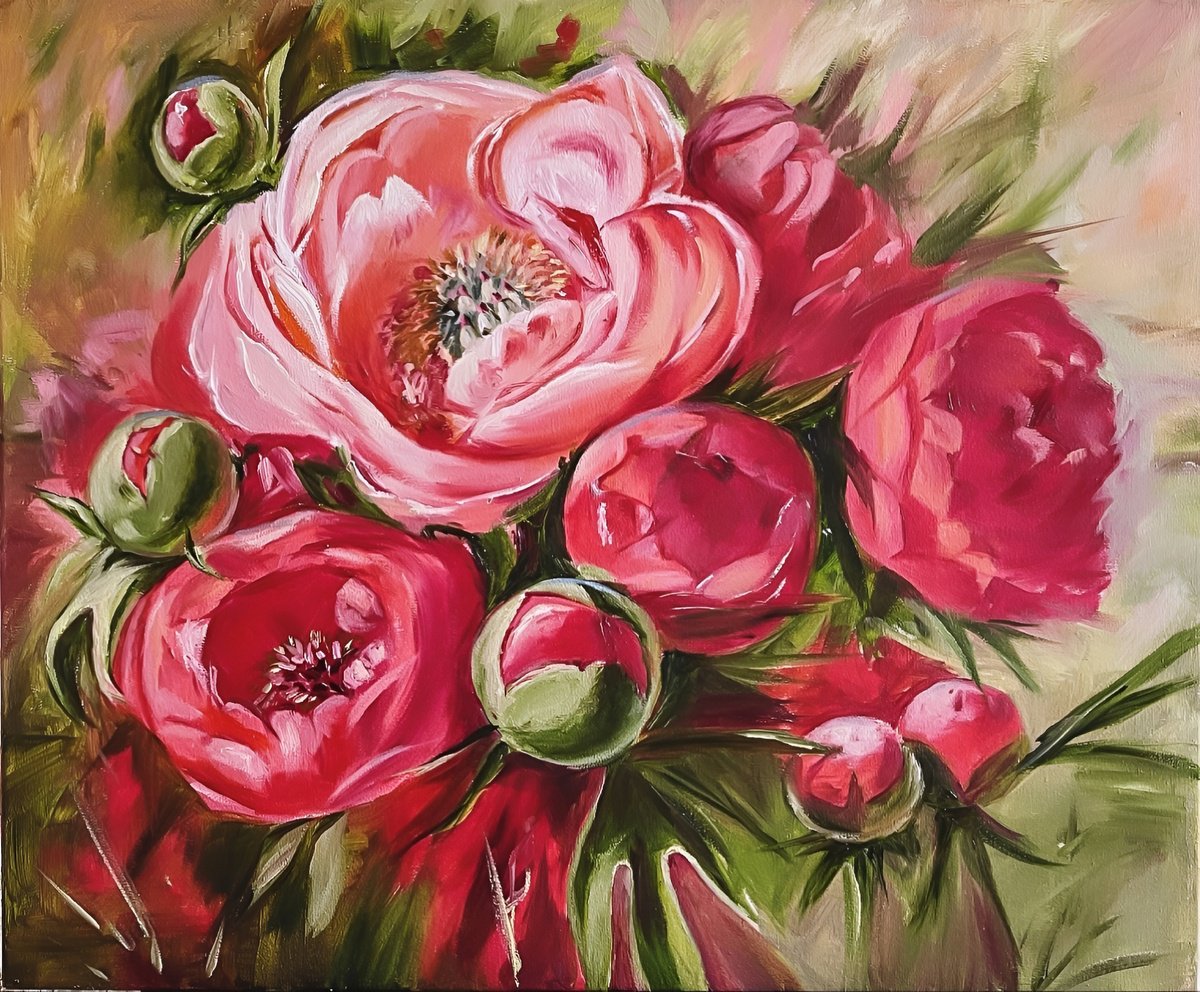 Photorealistic Botanical Oil Painting By Irina Ponna, 20 X 16, - Red Flowers - ?, Original Artwork