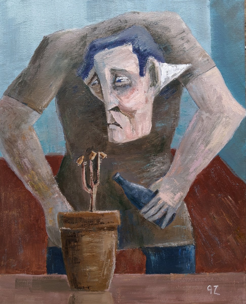 Expressive Portrait Oil Painting By Gegham Hunanyan, 16 X 20, Wilting Hope, Original Artwork