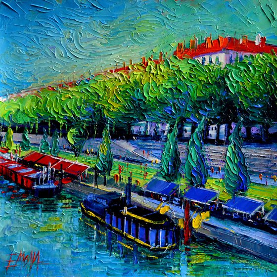 Festive Barges On The Rhone River - modern impressionism palette knives oil painting