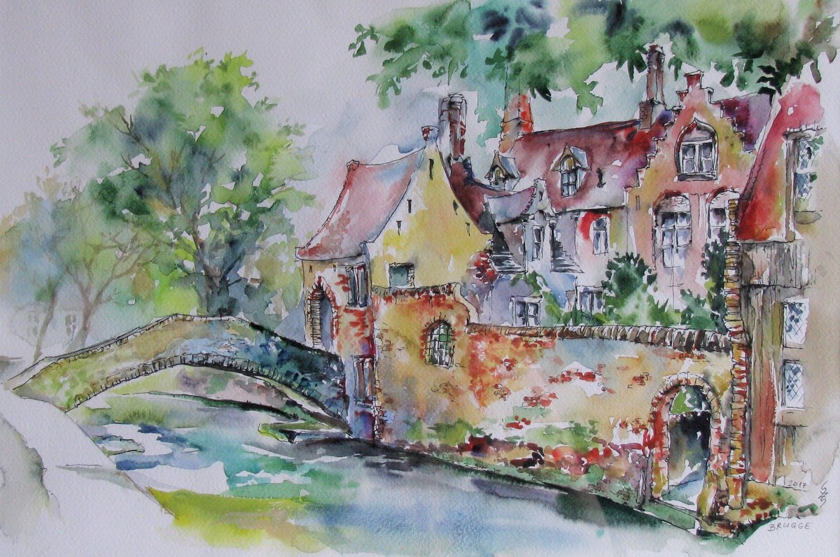 Impressionistic Cityscapes Watercolour By Szekelyhidi Zsolt, 24 X 19", Brugge, Original Artwork