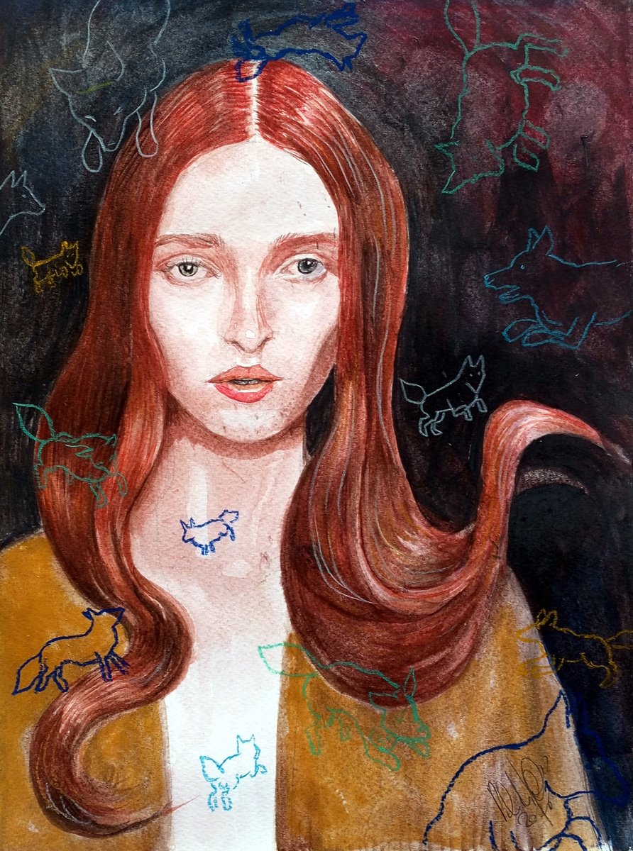 Surrealistic Pastel Drawing , Lady Of The Wolves By Paolo Beneforti, 9 X 13, Artwork For Sale On Artfinder