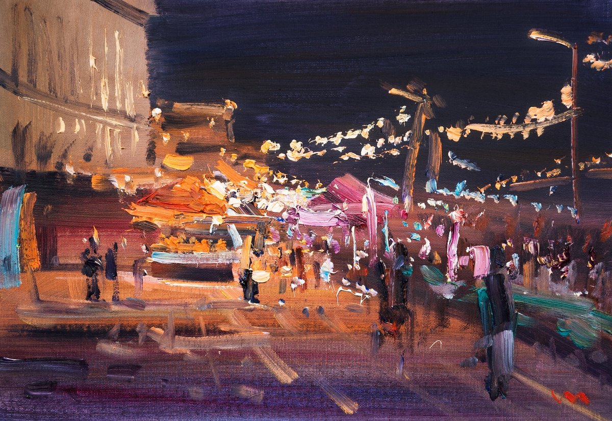 Expressive Cityscapes Oil Painting By Vasyl Moldavchuk, 19 X 13", Night Street Of Kyiv, Original Artwork