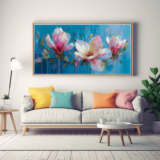 Magnolia on Turquoise Blue