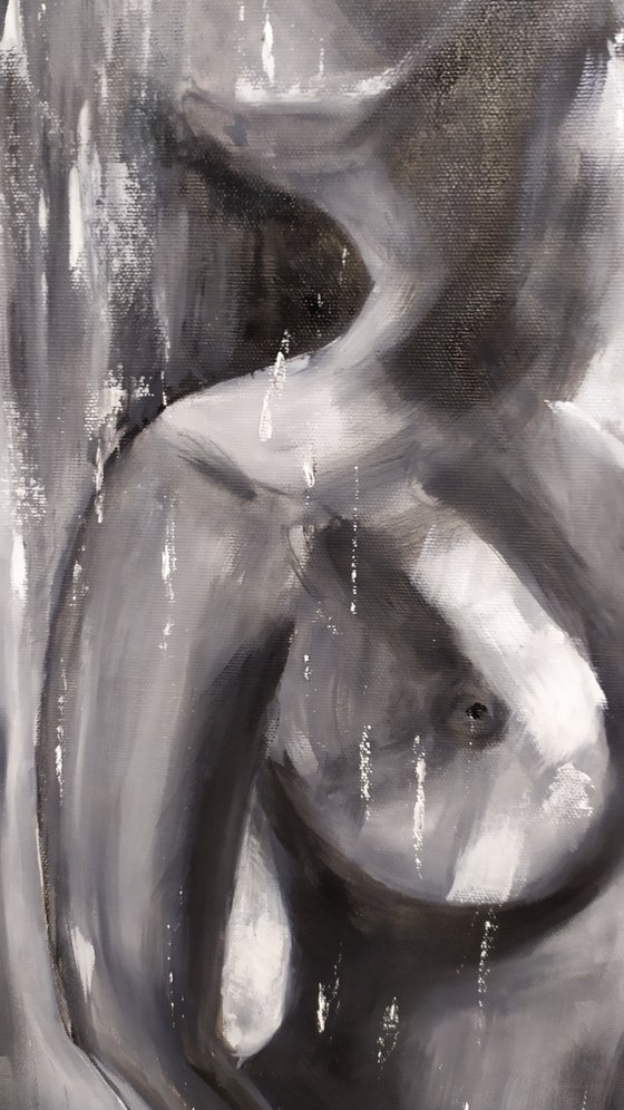 Under the rain, nude erotic oil painting, original art, Gestural, Gift idea