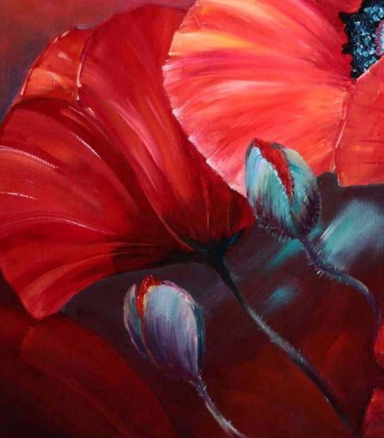 Poppies - oil painting, original gift, home decor, Flowering, Spring, Leaves, Red, Sexy, poster, Bedroom, Living Room