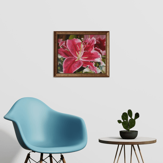 "Oh, lily ..."  pink red flower lily liGHt original painting  GIFT (2021)