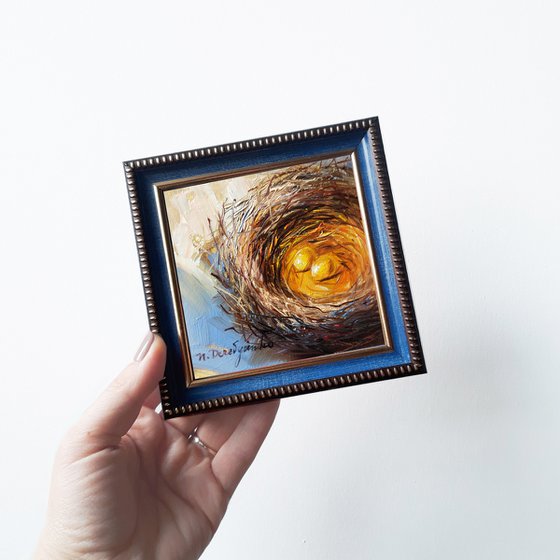 Nest painting oil original 4x4 in frame, Two gold egg miniature painting wall art framed, Small painting Easter gift