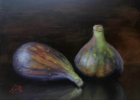 Original Oil Still Life Two Figs