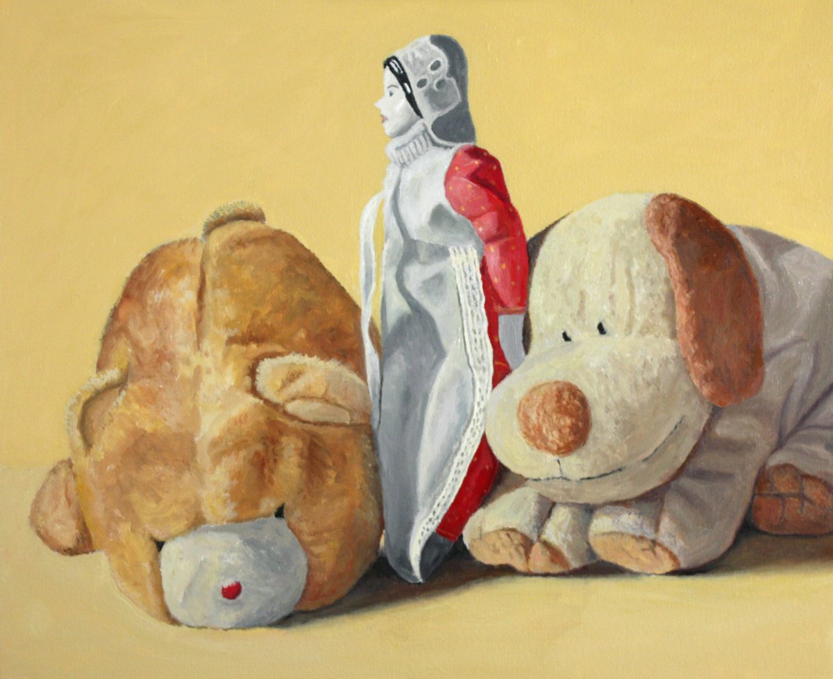 Photorealistic Oil Painting , Doll, Dog And Bear By Douglas Newton, 24 X 20, Artwork For Sale On Artfinder